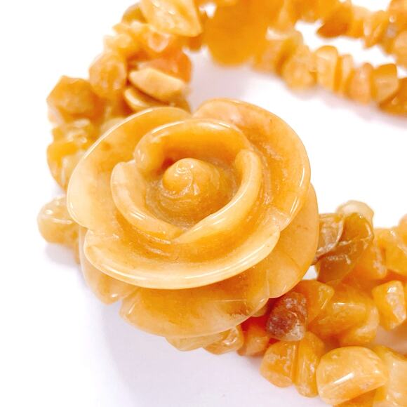 Genuine Honey Jade Gemstone Carved Rose Stretch Bracelet Boho Yellow Floral VTG - Picture 13 of 14